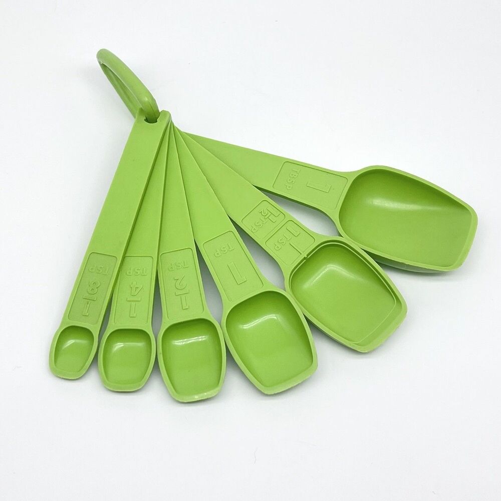 Vintage Tupperware Measuring Spoons Apple Green w/D Ring Set of 6 Retro Kitchen
